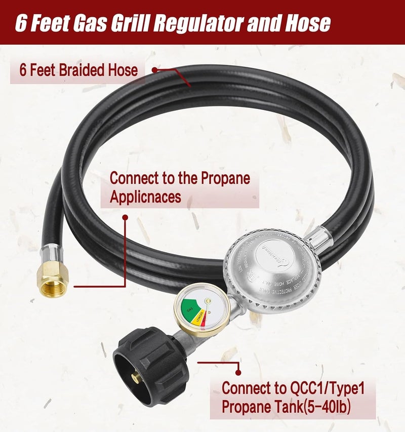 CALPOSE 6 Feet Propane Hose with Regulator & Gauge, Universal Gas Grill Regulator for Blackstone 28''/36'' Griddle, Weber Grill, Propane fire Pit and More, 3/8" Female Flare for Most LP Gas Grills - Image 2